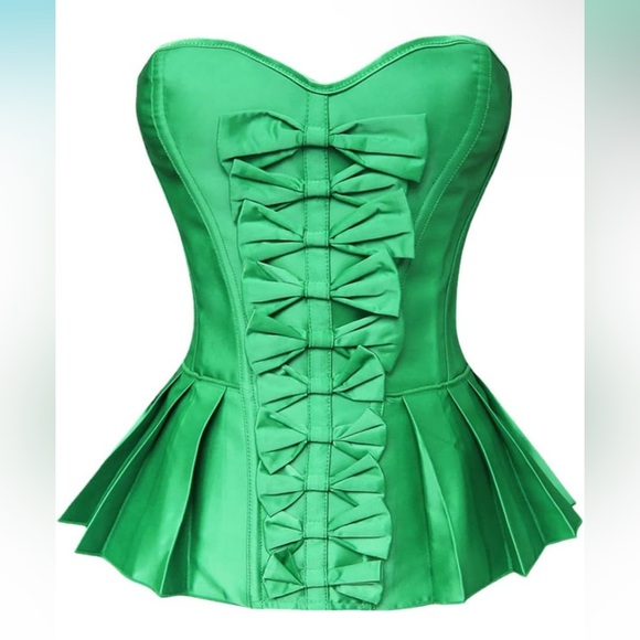 Bright Green Satin Peplum Style Bow Accented Strapless Lace Up Corset Top XL - Picture 9 of 11